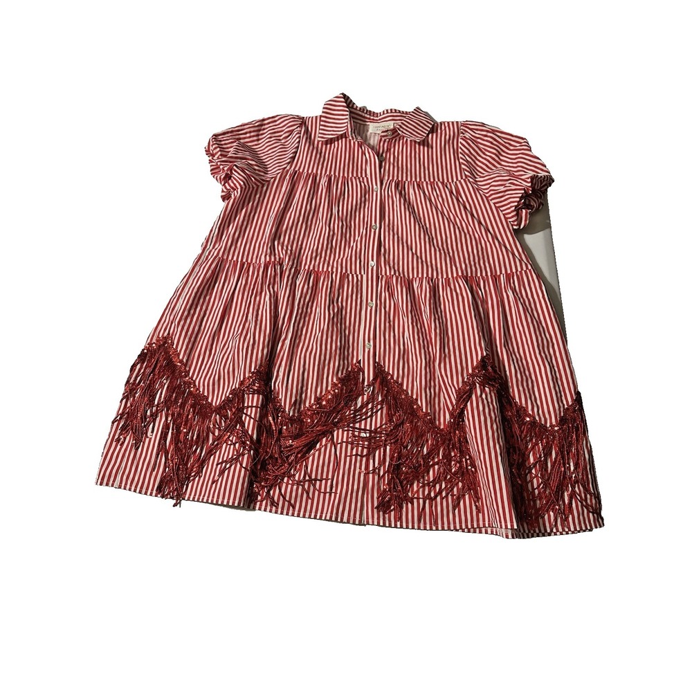 Fantastic Fawn Red White Stripe Fringe Babydoll Mini Dress Womens Oversized